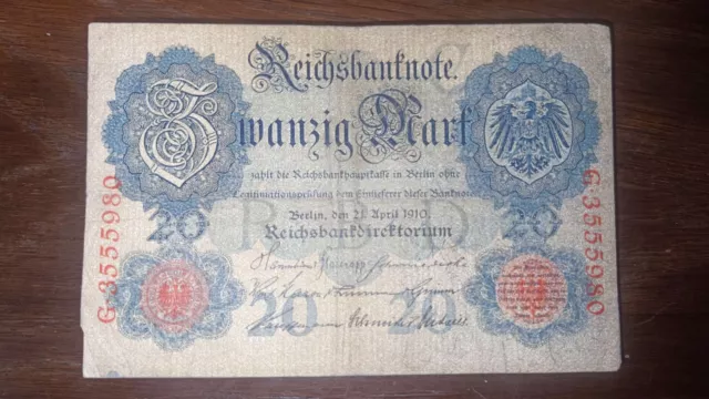 1906-14 Germany 20 Marks Reichsbanknote (Year may vary)