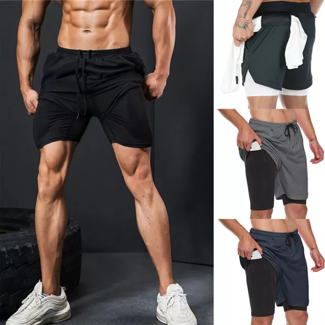 Men's 2 in 1 Sports Running Shorts Gym Training Bottoms With Pockets Fitness