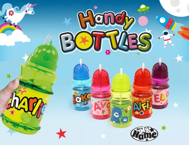Personalised Name Kids Water Bottles With Straw Handy Flip Top Flask Girls Boys