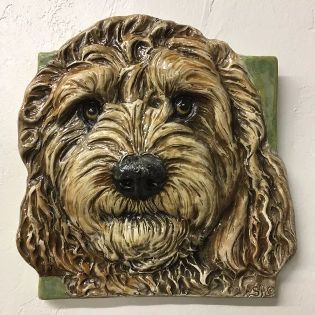 Cockapoo Dog Tile Ceramic portrait handmade sculpture Alexander Art USA