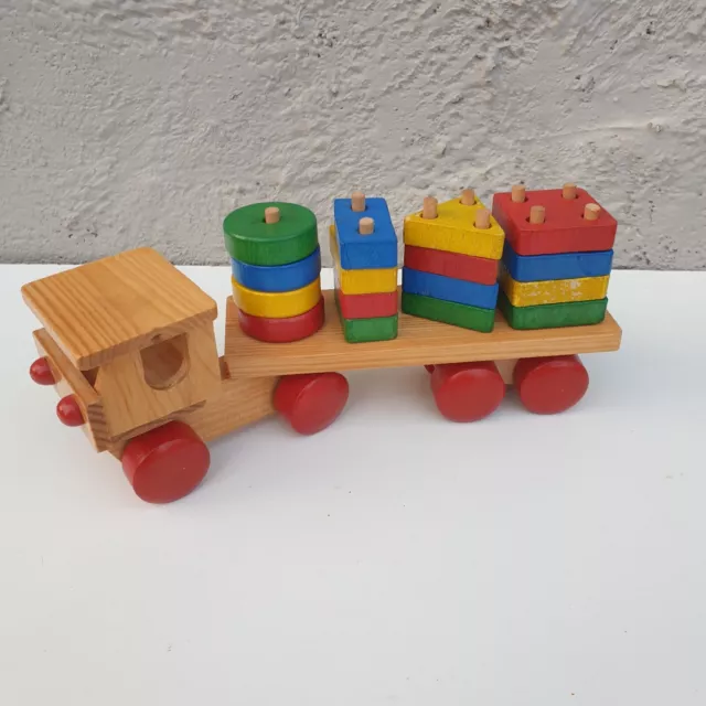 Vintage Wooden Toy Truck & Trailer 4 in 1 Learn & Play Blocks Colours Shapes