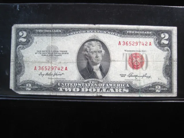 USA $2 1953 A36529742A # UNITED STATES Note RED Seal Dollars Circ Bill Money