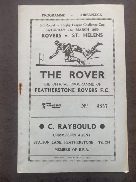 1958/59 Rugby League Cup Programme Featherstone Rovers V St Helens England