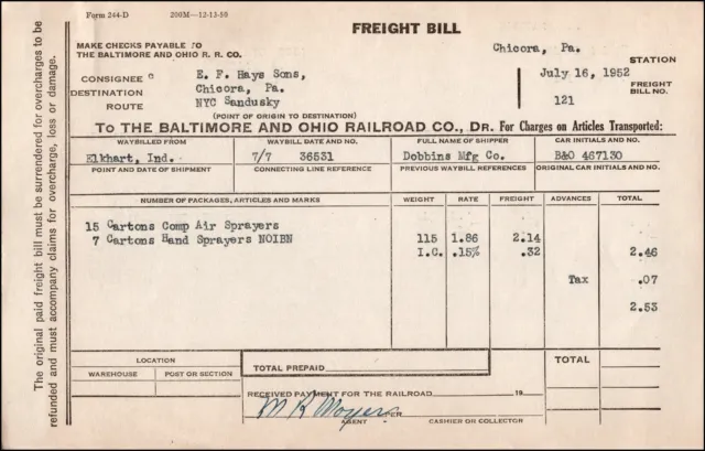 B&O Railroad Freight Bill, Way-billed Elkhart IN, Dobbins Mfg. Co., NYC Sandusky