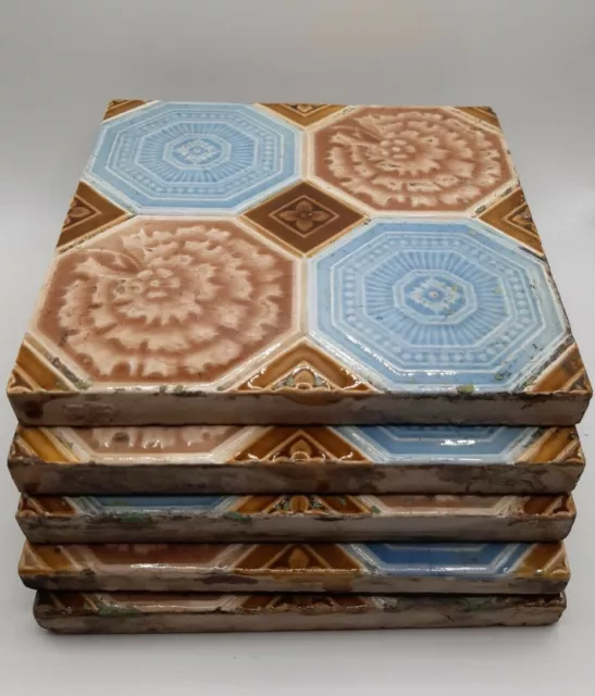 5 Matching Antique Minton Majolica Tiles, C. 1880