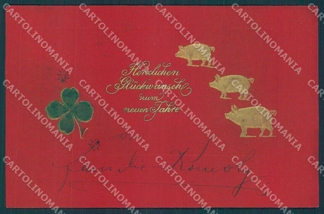 New Year Pig Four Leaf Clover Relief cartolina postcard TW1543