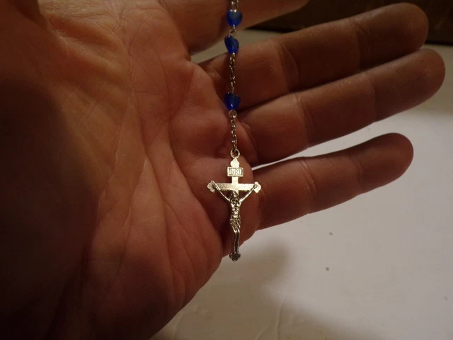 Vintage Beautiful Short Rosary With Silver Tone Cross & Heart Shaped Blue Beads