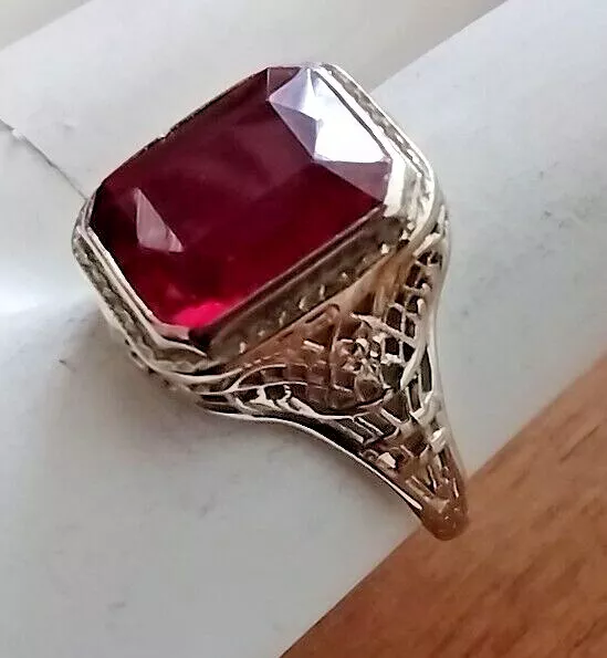 Edwardian Vintage 3Ct Red Ruby Wedding Emerald Cut CZ Ring 14K Rose Gold Plated