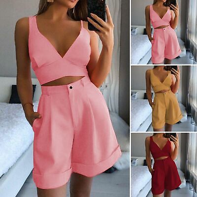 1 Set Sporty Outfits Solid Color Decorative Women Summer Tank Top with Shorts
