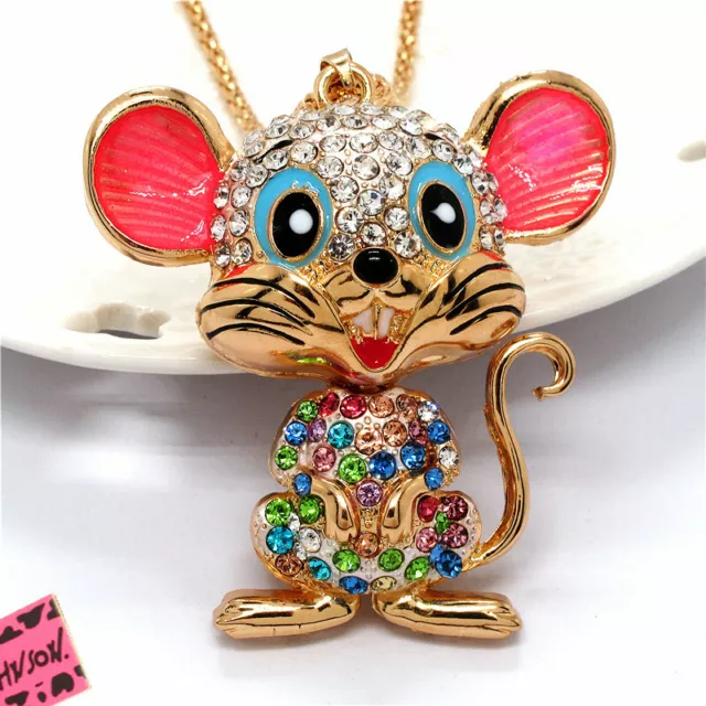 New Betsey Johnson Rhinestone Enamel Cute Cartoon Mouse Pendant Chain Necklace