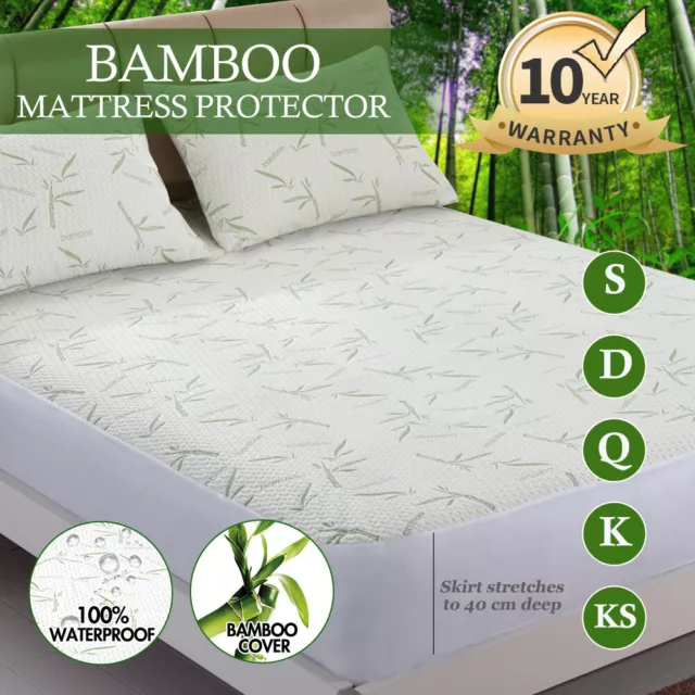 Mattress Protector Bamboo Waterproof Topper Fitted Cover Double Queen King Bed