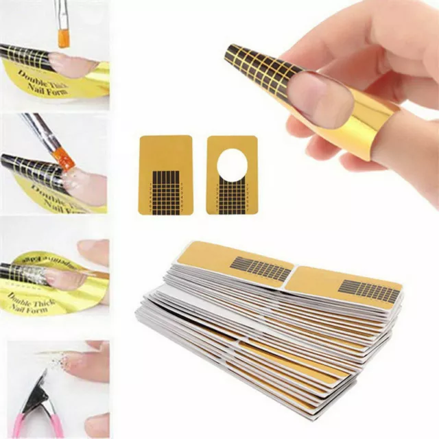 100 Gold Acrylic Gel Nail Art Forms Tip Sculpting Guide Stickers UK SELLER