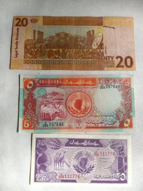3 Sudanese Bank Notes: Collectible/ or for Teaching/ Crafts-FREE Ship U.S.A