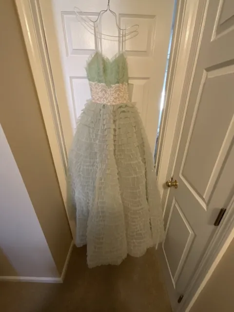 Lace Tulle Ruffle Vintage 50s Long Maxi Wedding Prom Party Dress Light Green