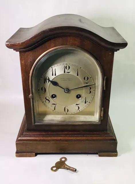 Antique JUNGHANS German Wood Case Winding Chiming Mantle Clock WORKING With Key 2