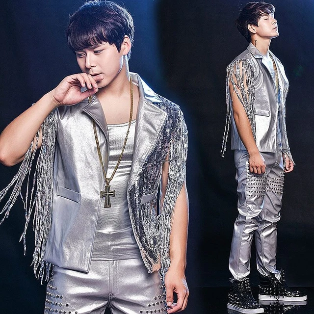 Costume Danza Uomo Paillettes Stage Abbigliamento Cantanti Nappa Rivet Abiti Performance