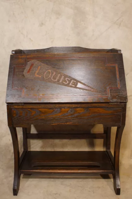 Antique 1920's Drop Front Desk Louise Folk Art Art Crafts Mission Signed Dated