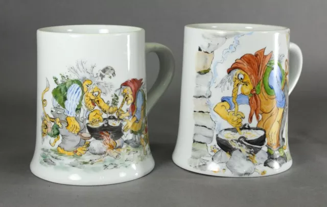 = UNUSUAL Pair Large Hand Painted Mugs Whimsical Scenes Scandinavian Folk Tales 2