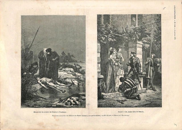 Découverte du cadavre de Charles Le Téméraire.Bayard filles Brescia GRAVURE 1873