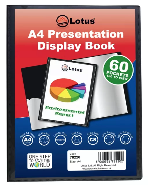 1 x A4 60 POCKET BLACK DISPLAY BOOK PROFESSIONAL FOLDER PORTFOLIO FILE BOOK ECO