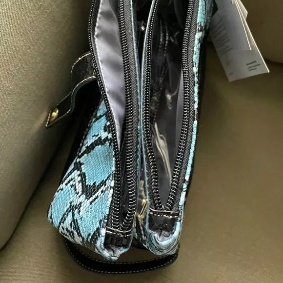 Samantha Brown Embossed  Snake Print 3 Compartment Organizer BLUE/BLACK nwt 10
