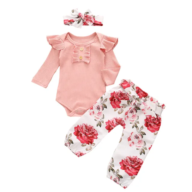 Newborn Baby Girls Ruffle Long Sleeve Romper Tops + Floral Pants Clothes Outfits 6