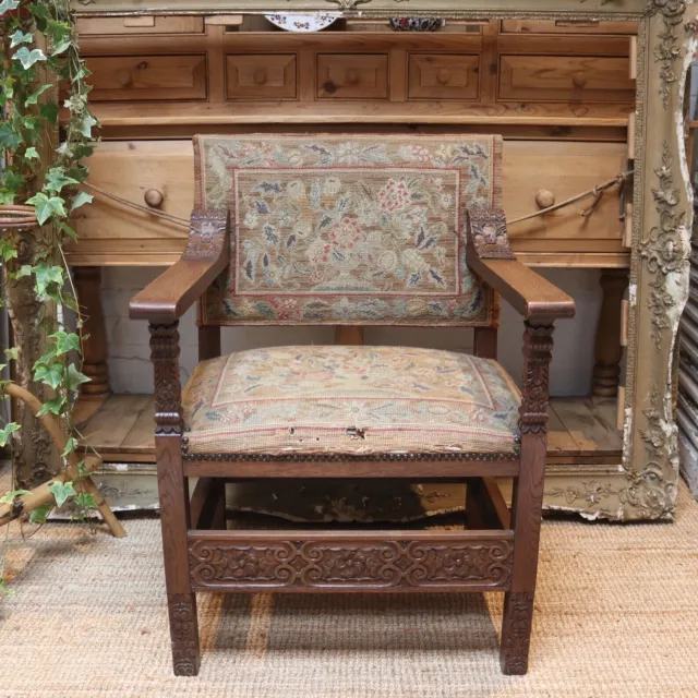 Antique Tapestry Arm Chair / Needlepoint / Carved Oak Antique