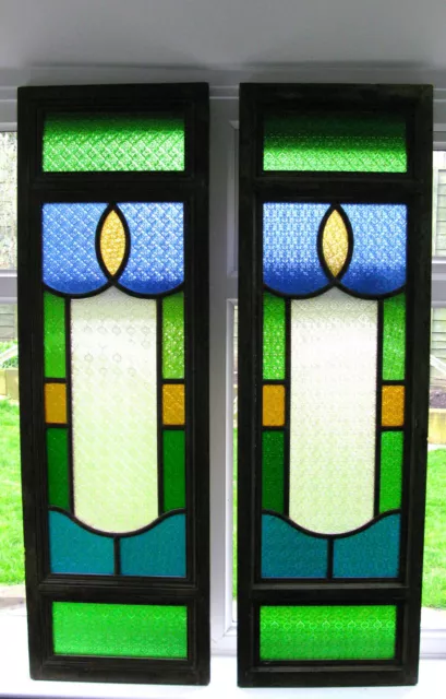 Large Pair of Antique Stained Glass Panels 1.48m x 0.48m per panel