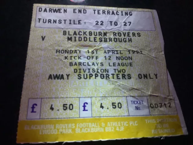 Ticket Stub Match ticket Blackburn rovers   v  Middlesbrough 1.4.91 90/91