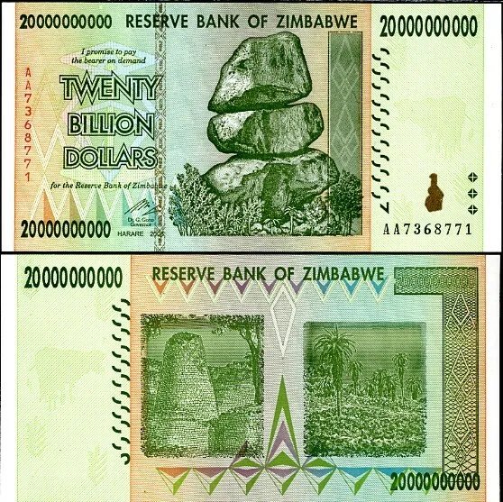 Zimbabwe 20 Billion Dollars Banknote AA+/AB+ 2008 UNC P-86 100 Trillion Series