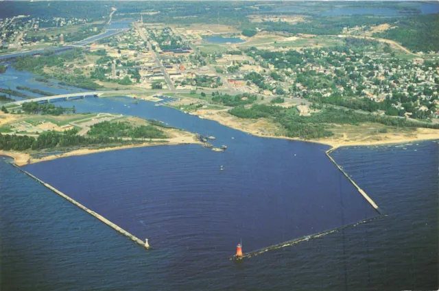 Postcard MI Manistique Harbor Water Lake Michigan Light Tower Schoolcraft County