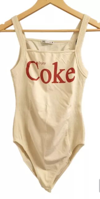 Zara Coca Cola Jersey Strappy Ribbed Panel Cream Red Bodysuit Top Size M 10 12