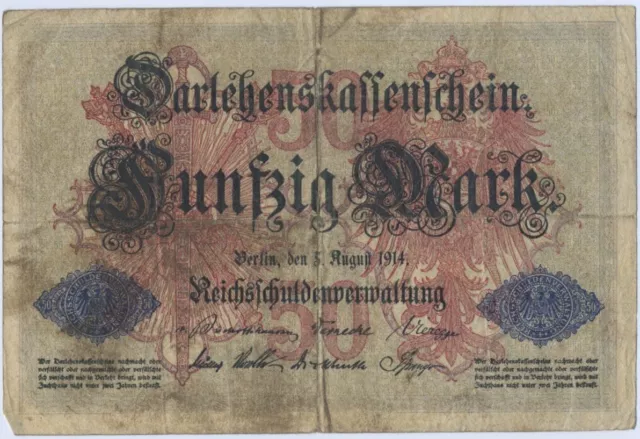 Banknote, Darlehen-Kassenschein 50 Mark vom 05.08.1914, Serie J 2