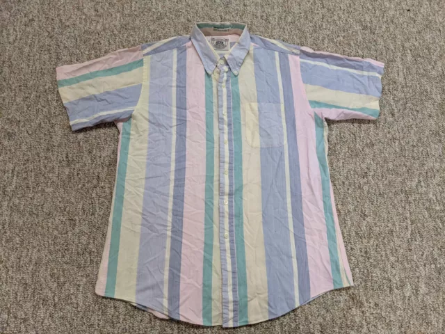 John Ashford Shirt Mens Large Blue Pink Green Striped Button Down Casual