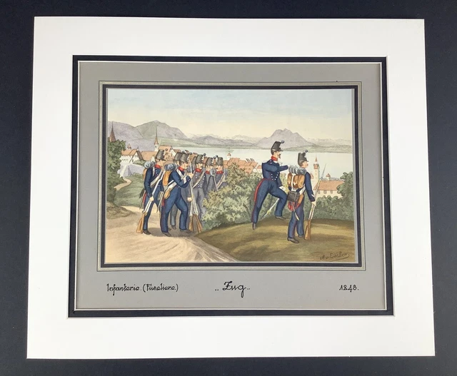Antique Military Print Swiss Infantry Soldiers Fusiliers  Zug Switzerland 1848