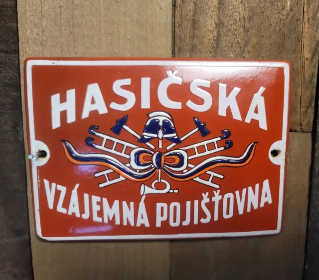 Vintage ENAMEL SIGN HASICSKA VZAJEMNA POJISTOVNA Fire Department Porcelain Sign