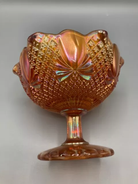 Antique Sowerby Marigold Carnival Glass Bow or Pineapple Pedestal Footed Dish