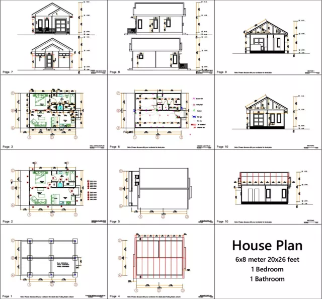 Planos de casa de estudio de 20x26 pies 6x8 metros techo a dos aguas PDF plano completo (copia impresa A4) 3