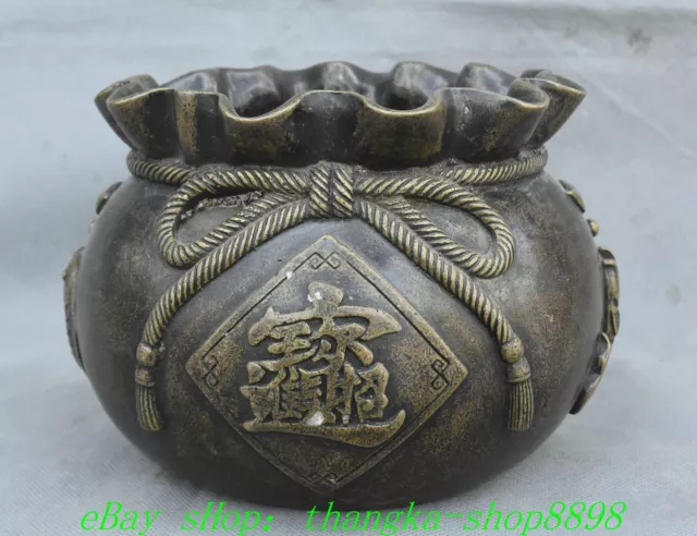 6.3'' Old Chinese Dynasty Bronze “福” Word Wealth Yuanbao Fish Crock Pot Jar