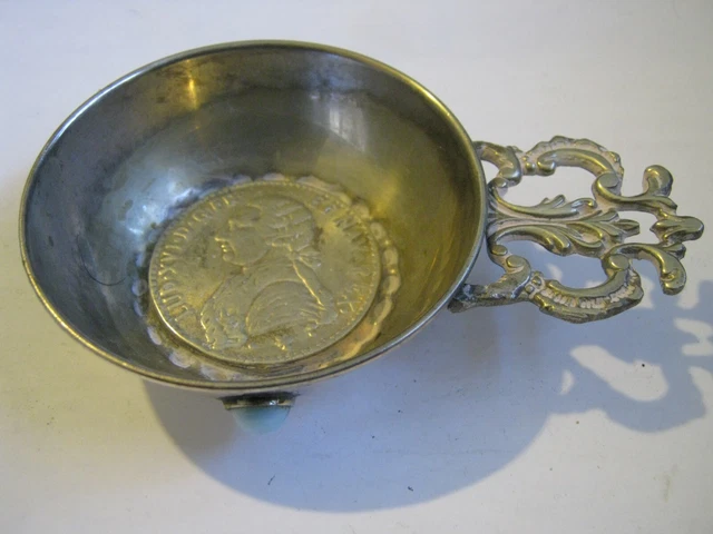Alpaca Handle 4.75" Tastevin w/ LOUIS XVI 1780s 1 Ecu Cast Coin & Blue Cabochons