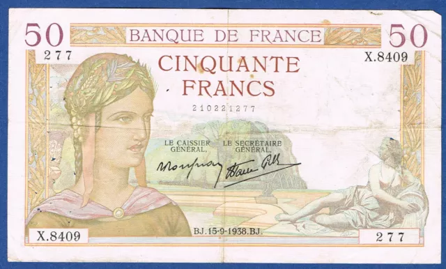 BILLET DE 50 FRANCS CÉRÈS Fayette n° 18.14 du 15-9-1938.BJ en TTB n° X.8409 277