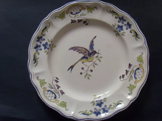 108- Ancienne assiette faïence Longchamp Cléry terre de fer, décor oiseau fleurs