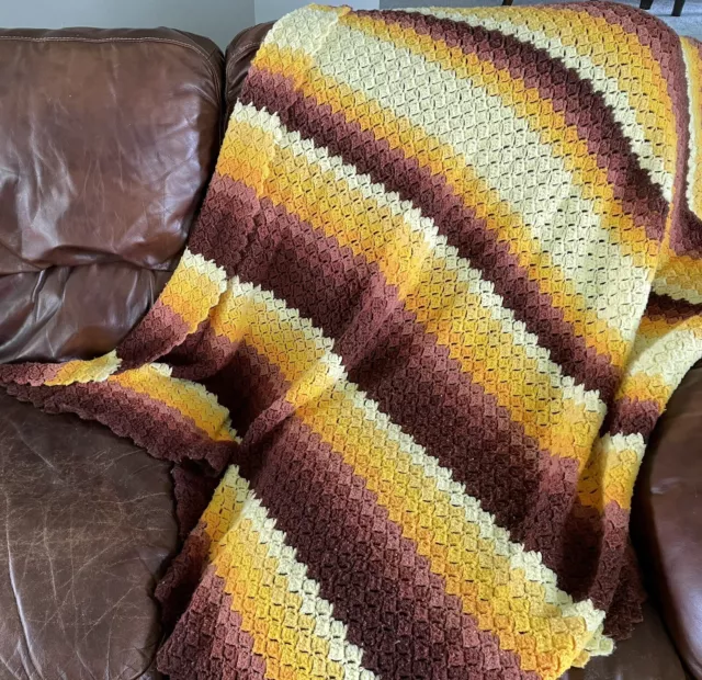 Handmade Vintage Afghan Crochet  Earth Tones Throw 48”x 66” Blanket Boho Brown