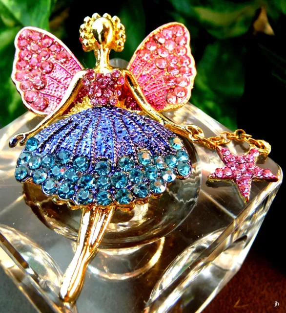 Betsey Johnson Pink Blue+ Rhinestone Enamel Fairy Figural Dangle Brooch Pendant!