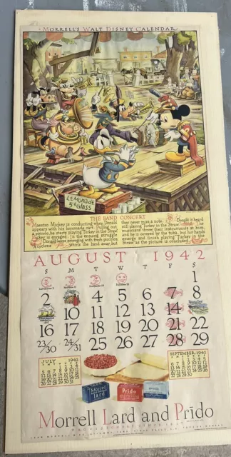 August 1942 MORRELL HAMS Walt Disney Wall Large Calendar Band Concert Page Vtg