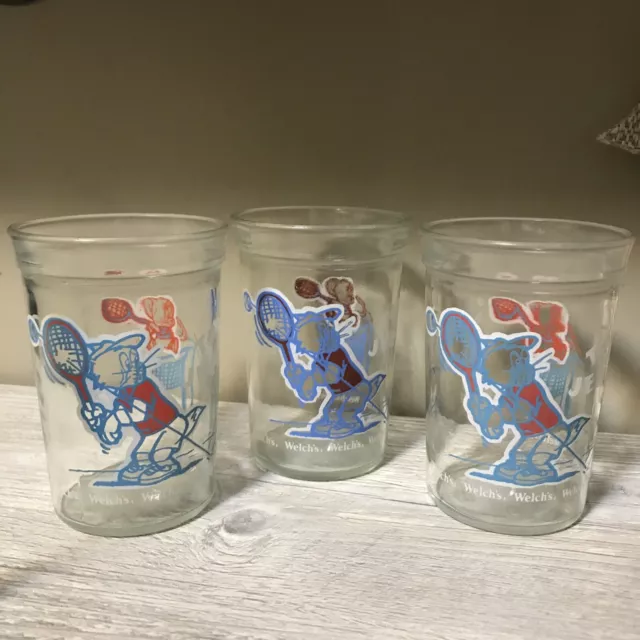 3 Welch's 1991 Turner Entertainment Tom & Jerry Playing Tennis Jelly Jar Glasses