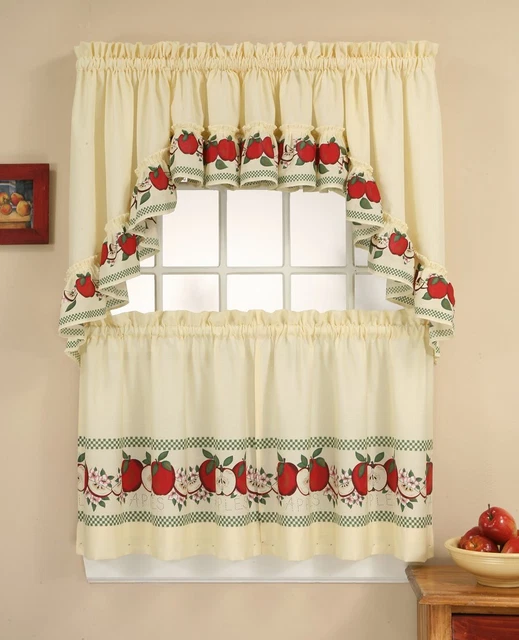 Red Delicious Country Apples 3-Piece Window Curtain Tier Set, Ivory...