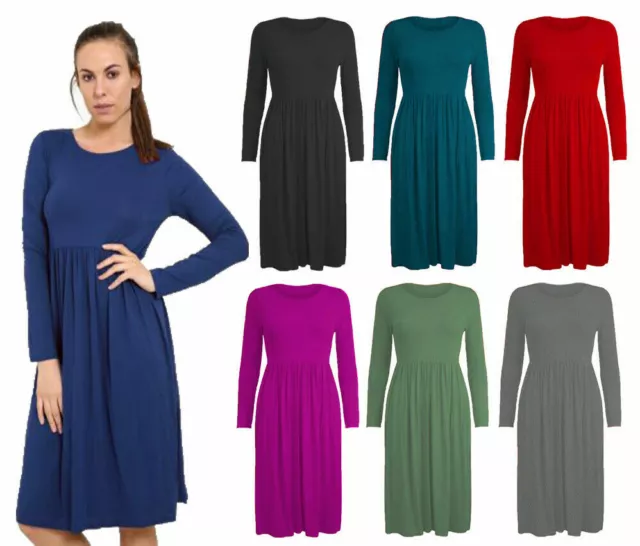 Woman Ladies Frankie Swing Dress Flared Skater Jersey Long Sleeve Midi Plus 8-26