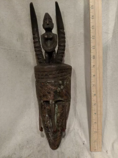 Horned Benin Mask with Metal — Great Carved Details — Authentic African Wood Art