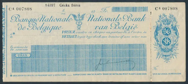 Belgium: 1930s Banque National de Belgique "SCARCE UNISSUED CHEQUE" + Duty Stamp